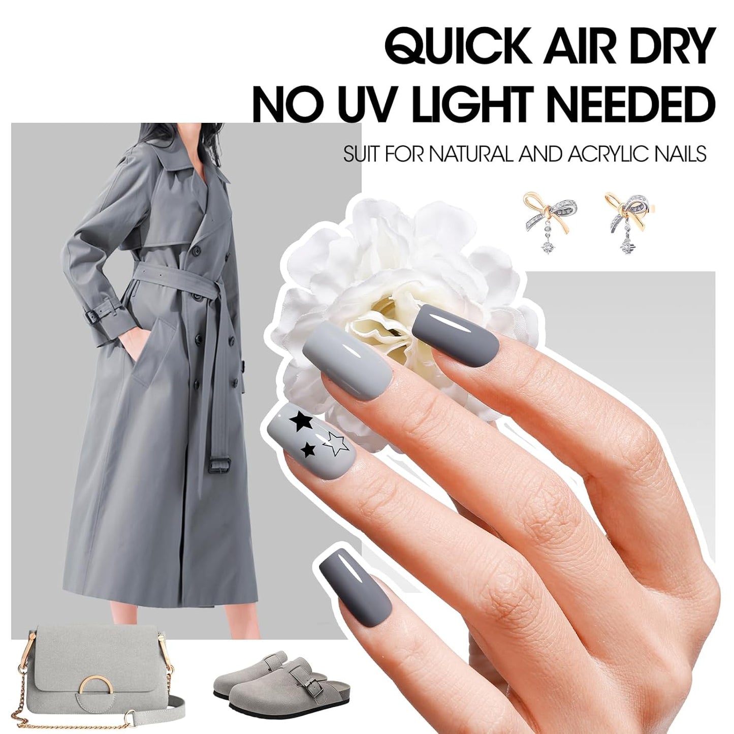 GELLEN Gray Nail Polish Set, Fall Winter Trendy Grey Regular Nail Polish Quick Air Dry 6 Dark Light Colors for Women Gifts DIY Fingernail Toe Nails Home Salon, Not Gel, Hema Free, Non-toxic, No Chip