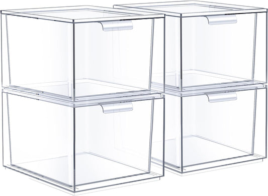 Sorbus Square Clear Stackable Storage Drawers – 4-Pack Plastic Organizer Bins with Handles – Stackable Pull-Out Storage Drawers for Closet, Pantry, Office, Bathroom, Craft, and Toy Organization