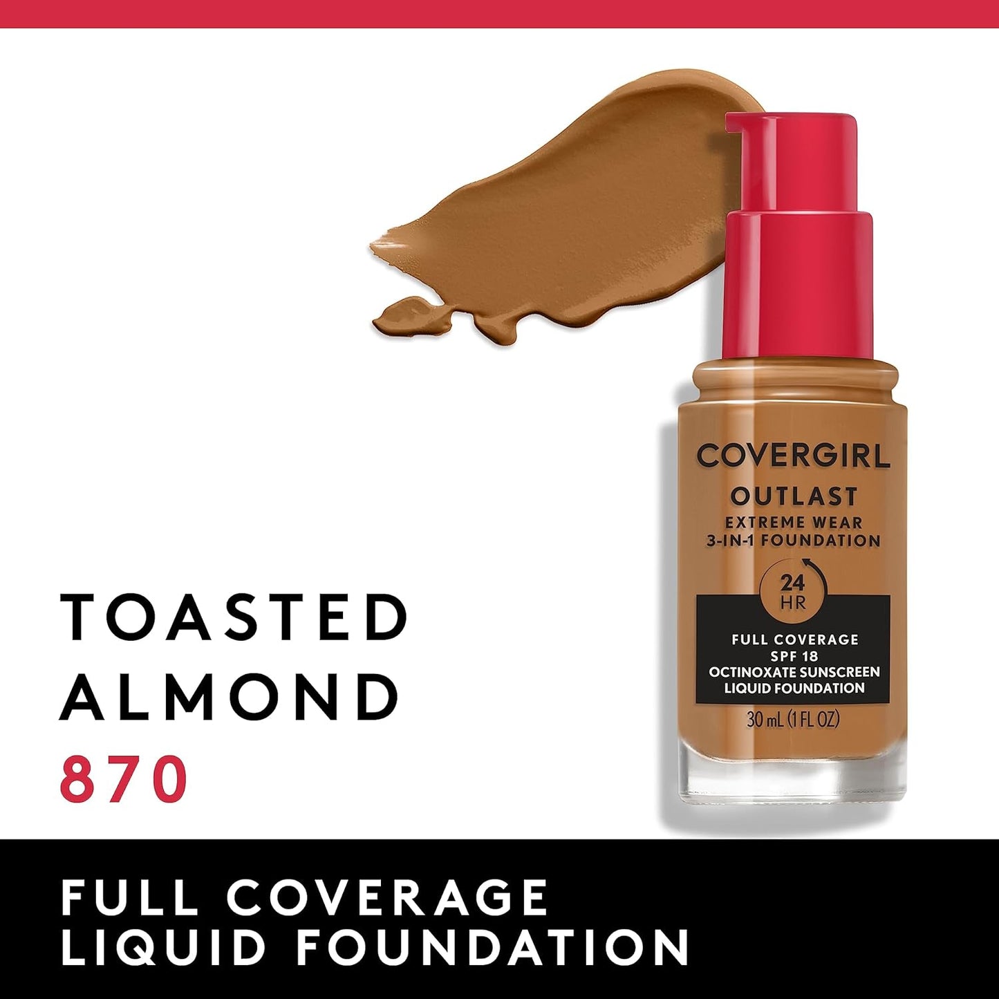 Covergirl Outlast Extreme Wear 3-in-1 Full Coverage Liquid Foundation, SPF 18 Sunscreen, Toasted Almond, 1 Fl. Oz. (Pack of 2)