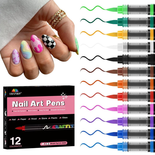 EBANKU Nail Art Pens Beauty Gift Set, 12 Colors Quick Drying Soft-Tip Nail Polish Pens 3D Acrylic Paint Nail Pens for Nail Art Color-fast Nail Point Dotting Liner Pen Sets for Home & Salon Nail DIY