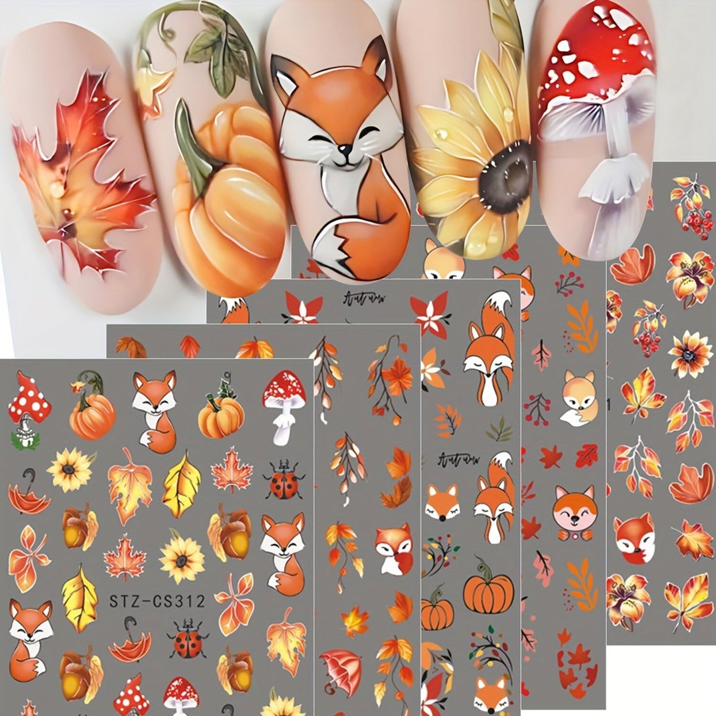 5 Sheets Fall Nail Art Stickers Maple Leaves Nail Decals 3D Self Adhesive Nail Stickers Decals Cute Fox Pumpkin Mushroom Design Autumn Nail Supplies for Women DIY Manicure Decoration