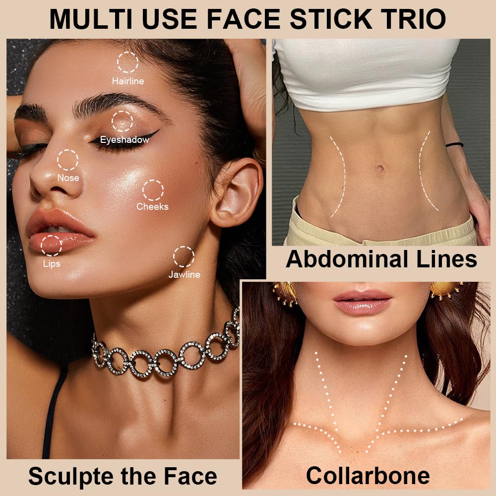 Contour Stick Makeup Kit,3Pcs Bronzer Blush Highlighter Stick Set for Create a Glowing Flawless Look,Non-Greasy Matte Finish Face Stick Trio,Longwear Formula, Include Brush - Fair (#01,04,07)