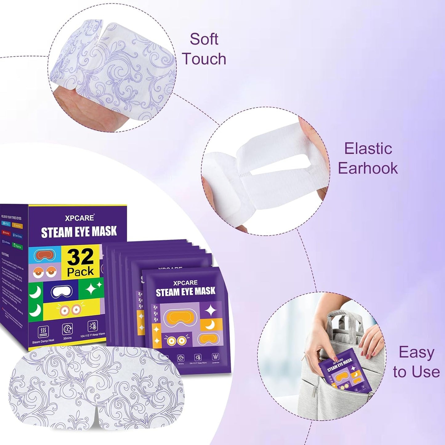 XPCARE 32 Pack Steam Eye Masks for Dry Eyes, SPA Warm Sleep Eye Mask, Disposable Heated Eye Mask for Dark Circles, Puffy Eyes, Relief Stress Eye Fatigue(Lavender)