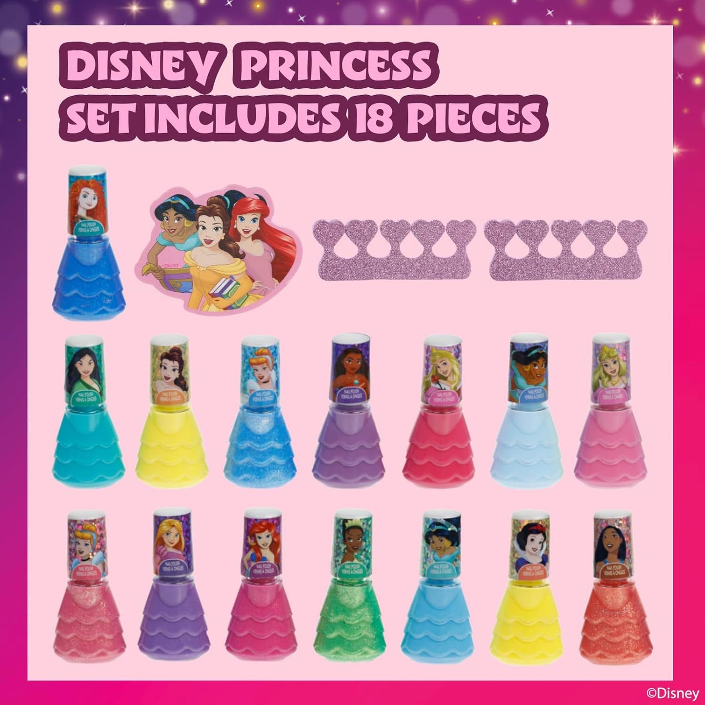 Disney Princess 15 Piece Water-Based Nail Polish with 3 Toe Spacers, Quick Dry, Peel Off, Gift Kit Set for Kids Girls, Ages 3 by Townley Girl