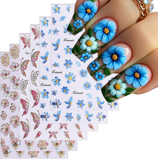 Flower Nail Art Stickers 3D Self-Adhesive Nails Sticker Butterfly Nail Art Decals Holographic Golden Floral Butterfly Nail Decal Decoration for Women Blue Blossom Manicure DIY Nail Sticker Supplies