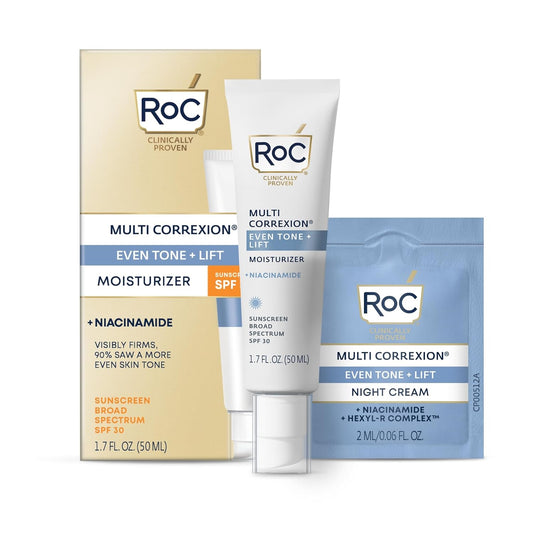 RoC Multi Correxion 5 in 1 Anti-Aging Daily Facial Moisturizer for Women and Men, Broad Spectrum SPF 30 & Shea Butter (1.7 oz) with Night Cream Packette (Packaging May Vary)
