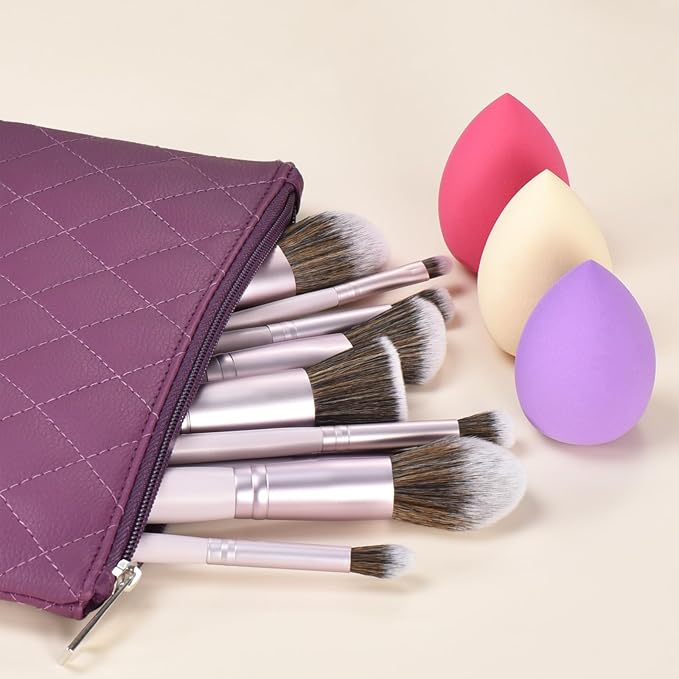 10 Piece Purple Makeup Brushes Set and 3 Piece Makeup Sponge - Wooden Handle with Soft Synthetic Bristles, for Face & Eye Makeup | Professional Cosmetic Brushes | Includes Travel Pouch