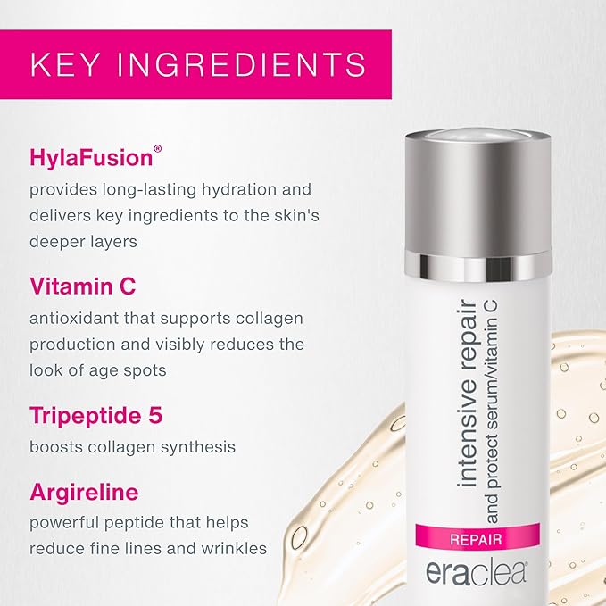 eraclea Intensive Repair & Protect Vitamin C Serum with Hyaluronic Acid, Argireline and Peptides, Anti-Aging Face Serum, Minimizes Wrinkles and Revitalizes Skin for All Skin Types (1 fl oz)