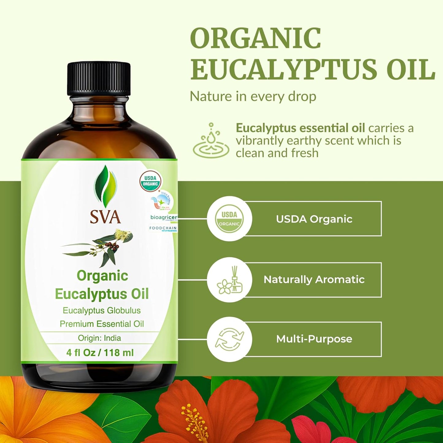 SVA Eucalyptus Essential Oil Organic – 4 Fl Oz – 100% Natural Organic Eucalyptus Oil - for Diffuser, Hair, Face, Skin Care, Aromatherapy, Scalp and Body Massage, Soap and Candle Making - with Dropper