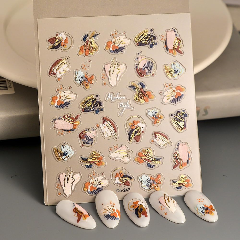 Fall Nail Art Stickers 3D Embossed Oil Painting Nail Stickers, Self-Adhesive Durable Nail Art Decals for Women Girls, Nail Wraps Decoration Manicure for DIY Acrylic Nail Accessories