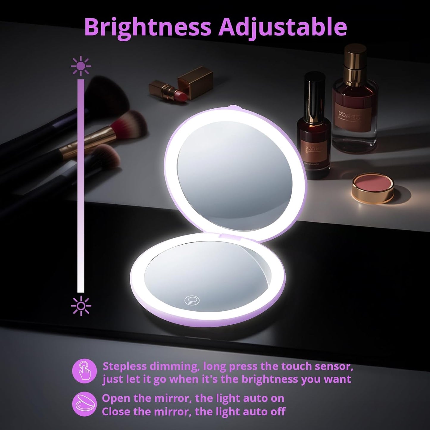 Fabuday Travel Compact Magnifying Makeup Mirror with Lights - Large 4.8'' Wide Led Lighted Portable Mirror with 1x/20x Magnification, Rechargeable Small Foldable 3 Color Lighting Mirrors, Purple