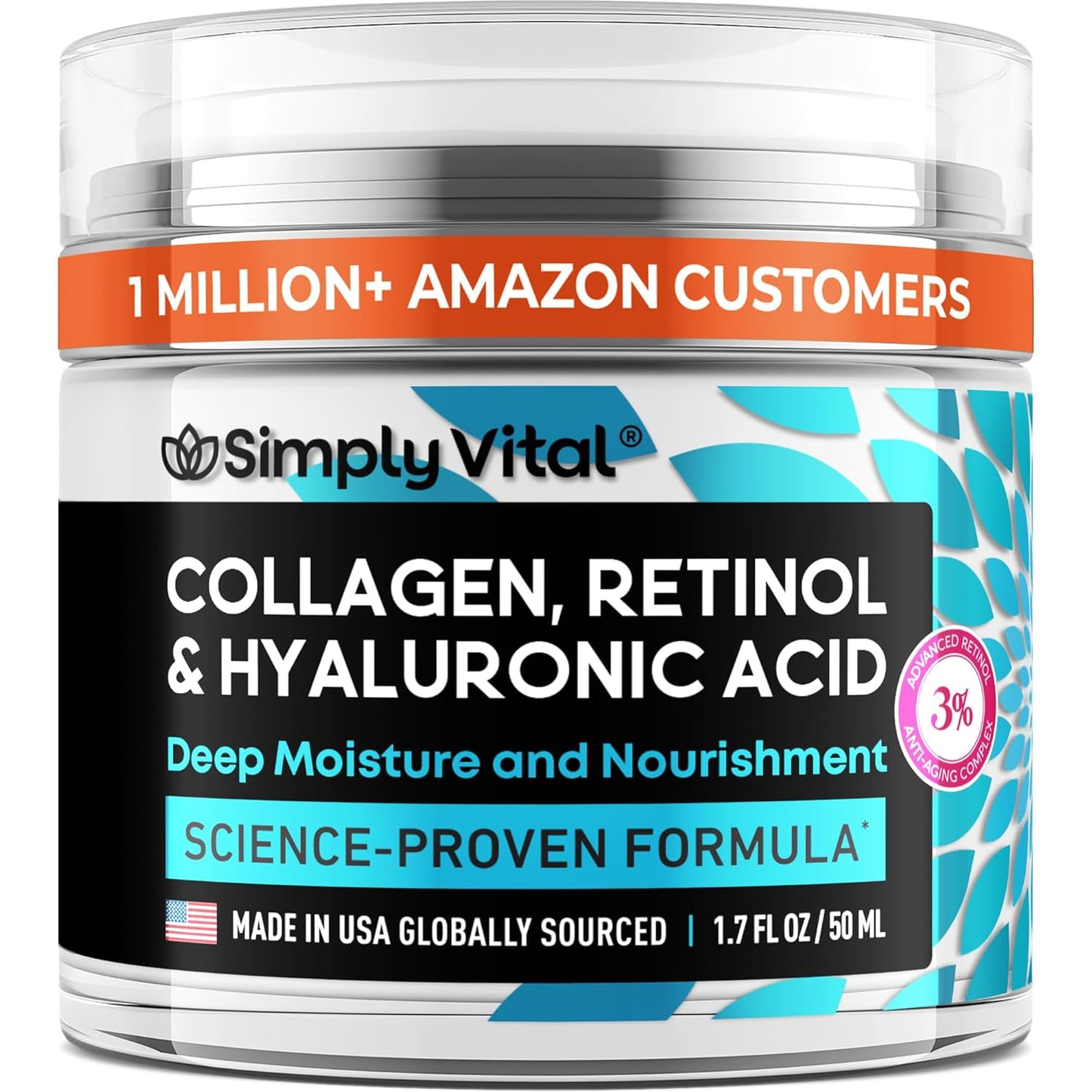 SimplyVital Collagen, Retinol & Hyaluronic Acid Cream - Anti-Aging Face Moisturizer for Face, Firming Skin Care Neck & Décolleté - Made in USA, Daily Moisturizer Face Cream Day & Night - 1.7 fl.oz.