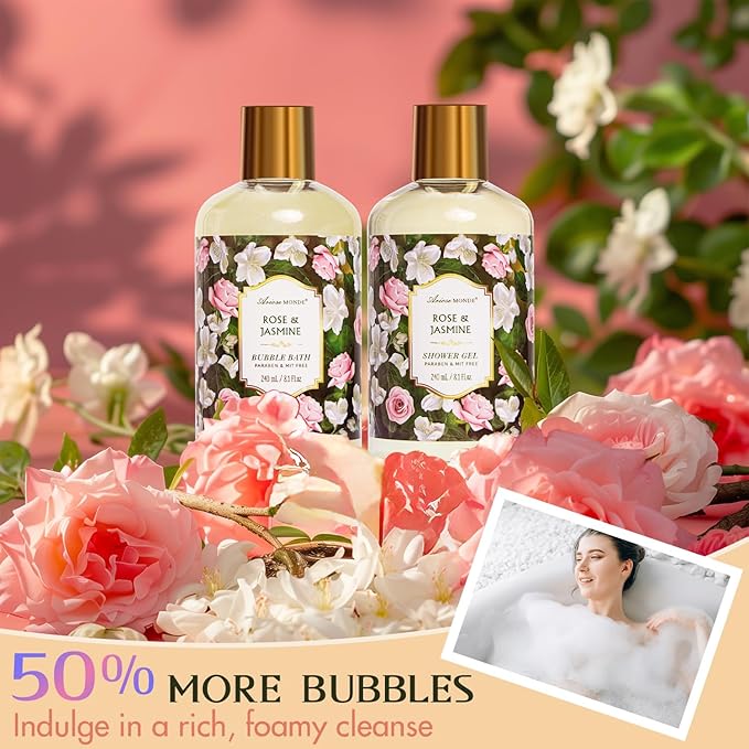 Gift Basket for Women - 8 Pc Rose & Jasmine Beauty & Personal Care Set - Home Bath Pampering Package for Relaxing - Spa Self Care Kit - Thank You, Birthday, Mom, Anniversary, Christmas Gift