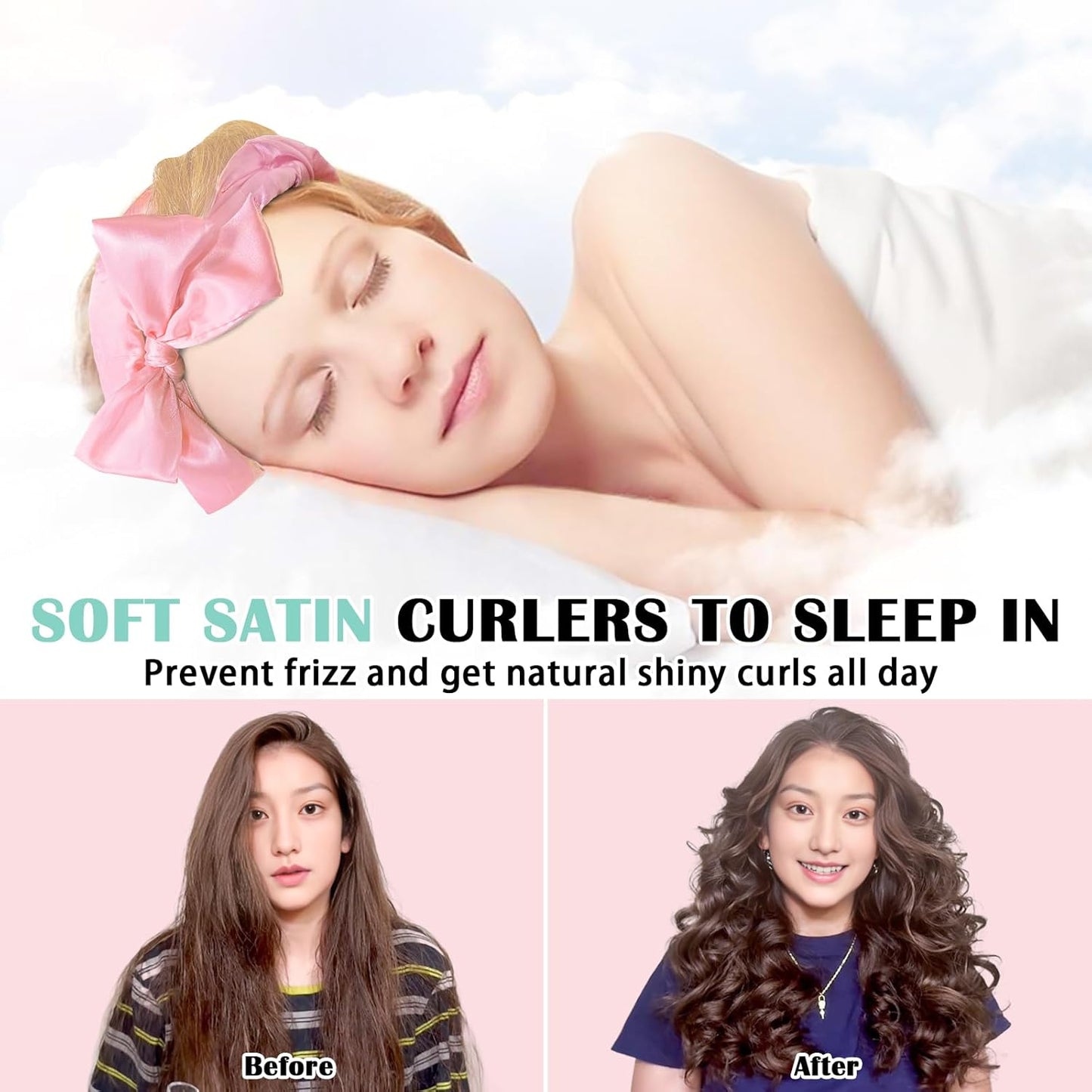 Satin Heatless Curls Overnight Hair Curlers to Sleep In Hair Curler Rollers No Heat Hair Wrap for Curls Headband, 70" Satin Heatless Curling Rod Set for Women Long Waves Hair Volume -Pink 9PCS