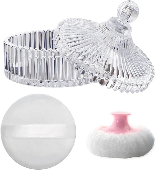 Large Body Powder Puff and Container Set - Velour, Dusting Powder Puffs for Women Baby and Loose Powder Containers for Face & Body, Washable, Reusable, Wet Dry Makeup