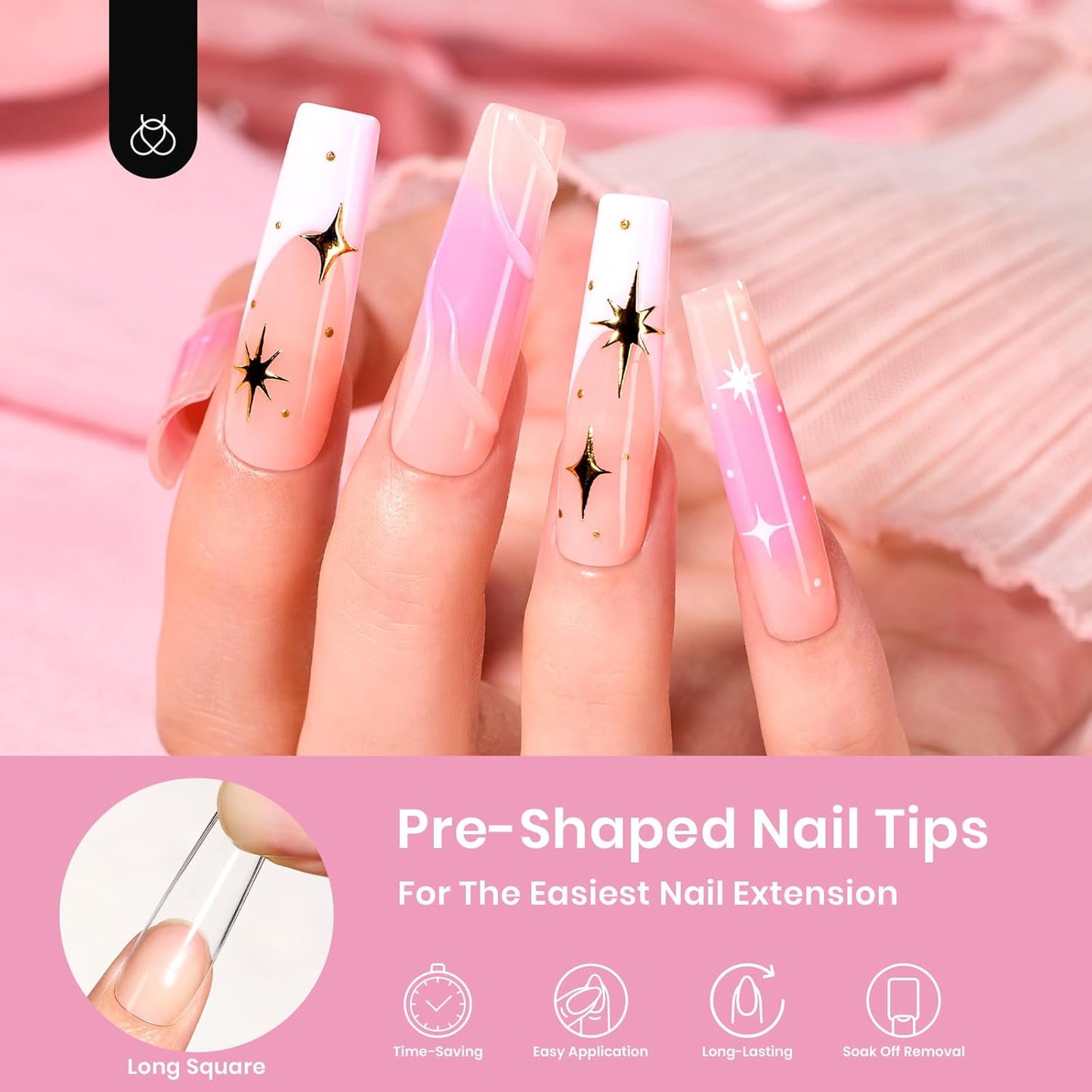 Beetles Gel Nail Tips Long Square Nail Tips, 12 Sizes 288 PCS Pre-Shaped Clear Full Cover False Nails Tips Clear Acrylic Nails Glue on Nails for Girls Women Nail Art Design,Nail Glue Needed