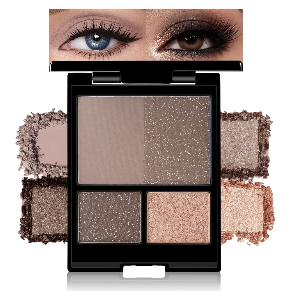 4 Colors Matte Shimmer Eyeshadow Palette for Eye Makeup, Rose Gold Dark Brown Gray Eyeshadow Quads Velvety Pigmented Blendable Matte, Talc-Free