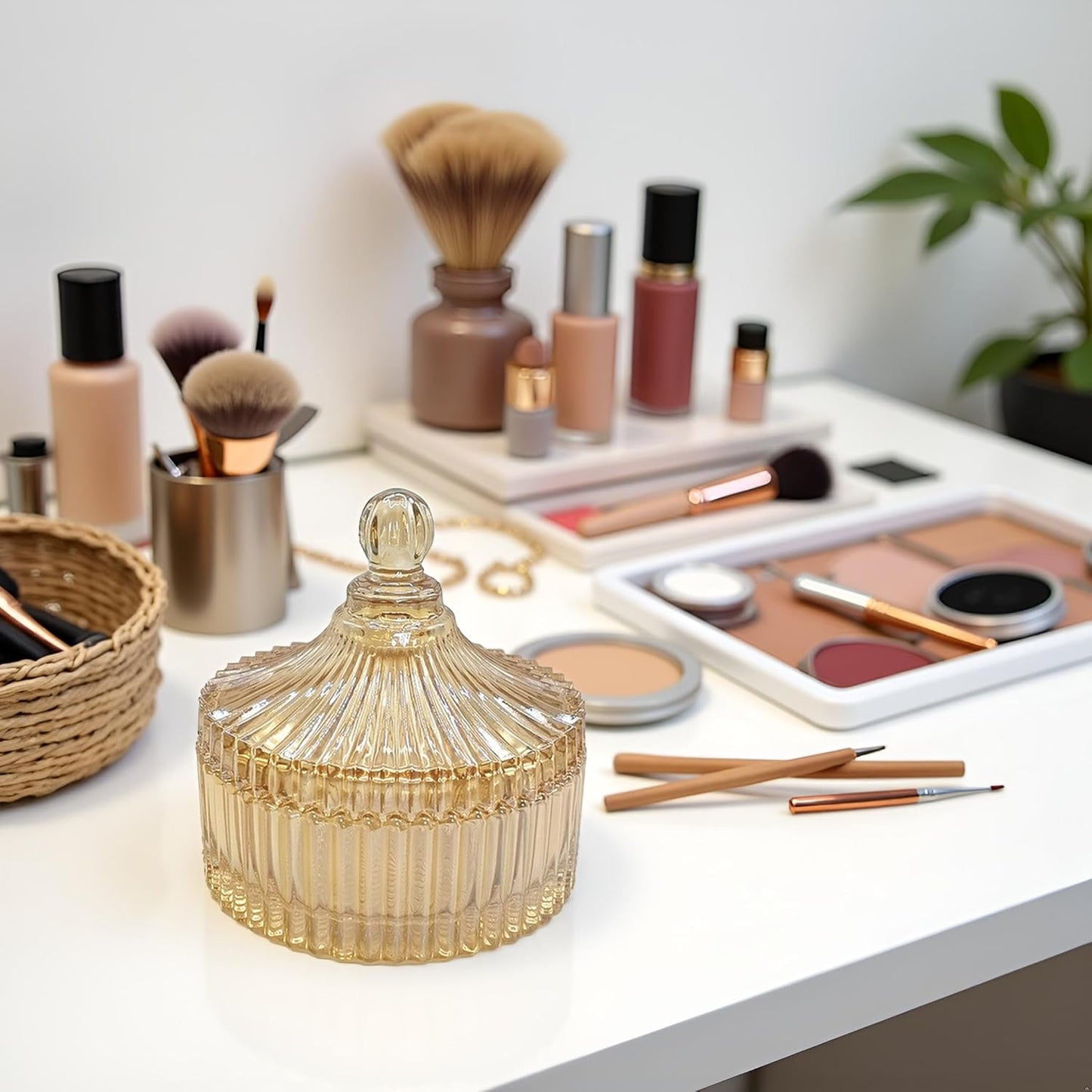 Extra Large Body Powder Puff and Container - Vintage Glass Dusting Powder Container with Soft Puff for Women & Girls (5.9x5.9x5.9 IN)-GRB010-Amber