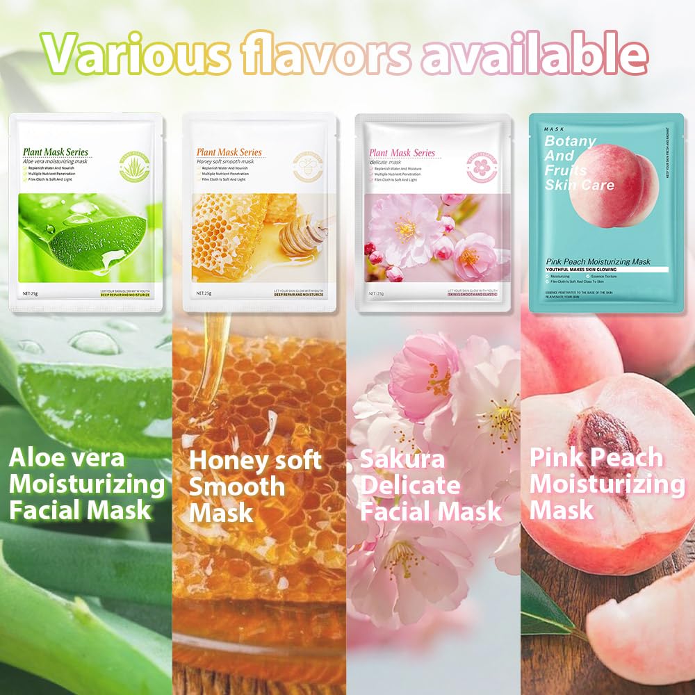 8 Pack Plants Fruits Face Sheet Mask Skincare,Hydrating Face Mask For Sensitive Skin,Moisturize,Soothing,Nourish for All Skin Types,Natural Spa Party Facial Mask Skincare Set for Women Men Girls