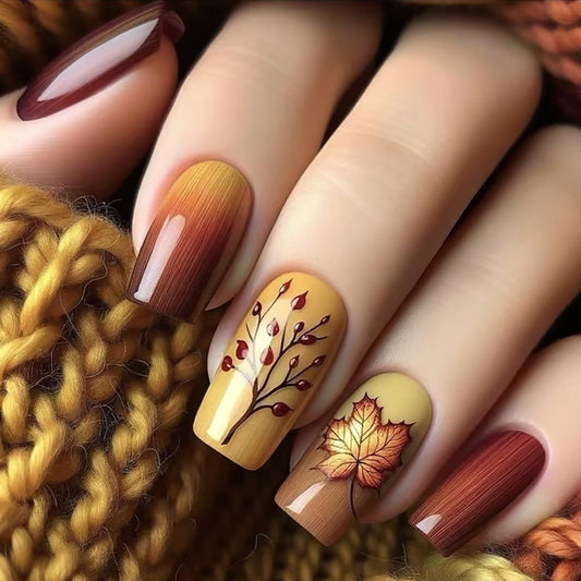 Brown Gradient Maple Leaf Press on Nails Medium Square Fall Fake Nails Thanksgiving Maple Leaves Glue on Nail Glossy Autumn Acrylic Stick on Nail for Women DIY Manicure