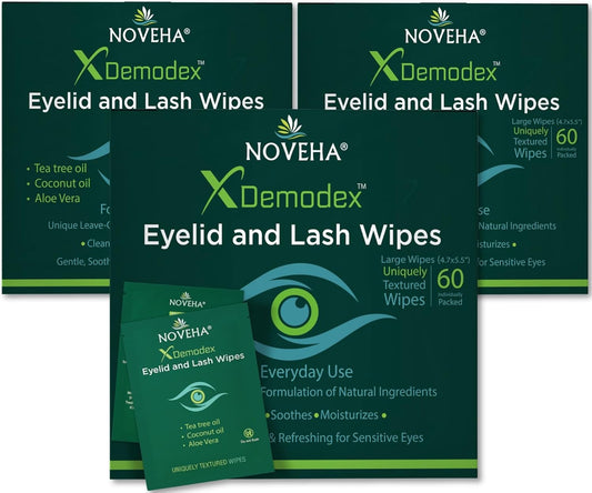 NOVEHA Demodex Eyelid & Lash Wipes | Box of 60 Individually Wrapped Extra Strength Cleansing Eyelash Wipes - Battles Irritated Eyes - Naturally Remove Debris (Pack of 3)