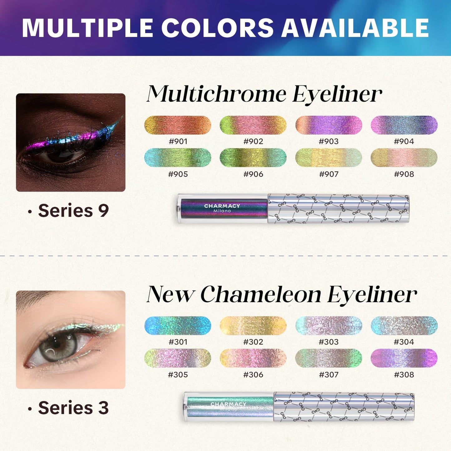 CHARMACY Chameleon Eyeliner Liquid Liner, Glitter liquid eyeliner waterproof, Metallic Intense Color Shifting Colorful Eyeliner, Long wearing,Ultra-Fine Tip Smudge-proof,YELLOW GREEN INDIGO 906