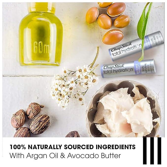 ChapStick Total Hydration Soothing Vanilla Moisturizing Lip Balm Tube, Lip Care with Argan Oil - 0.12 Oz