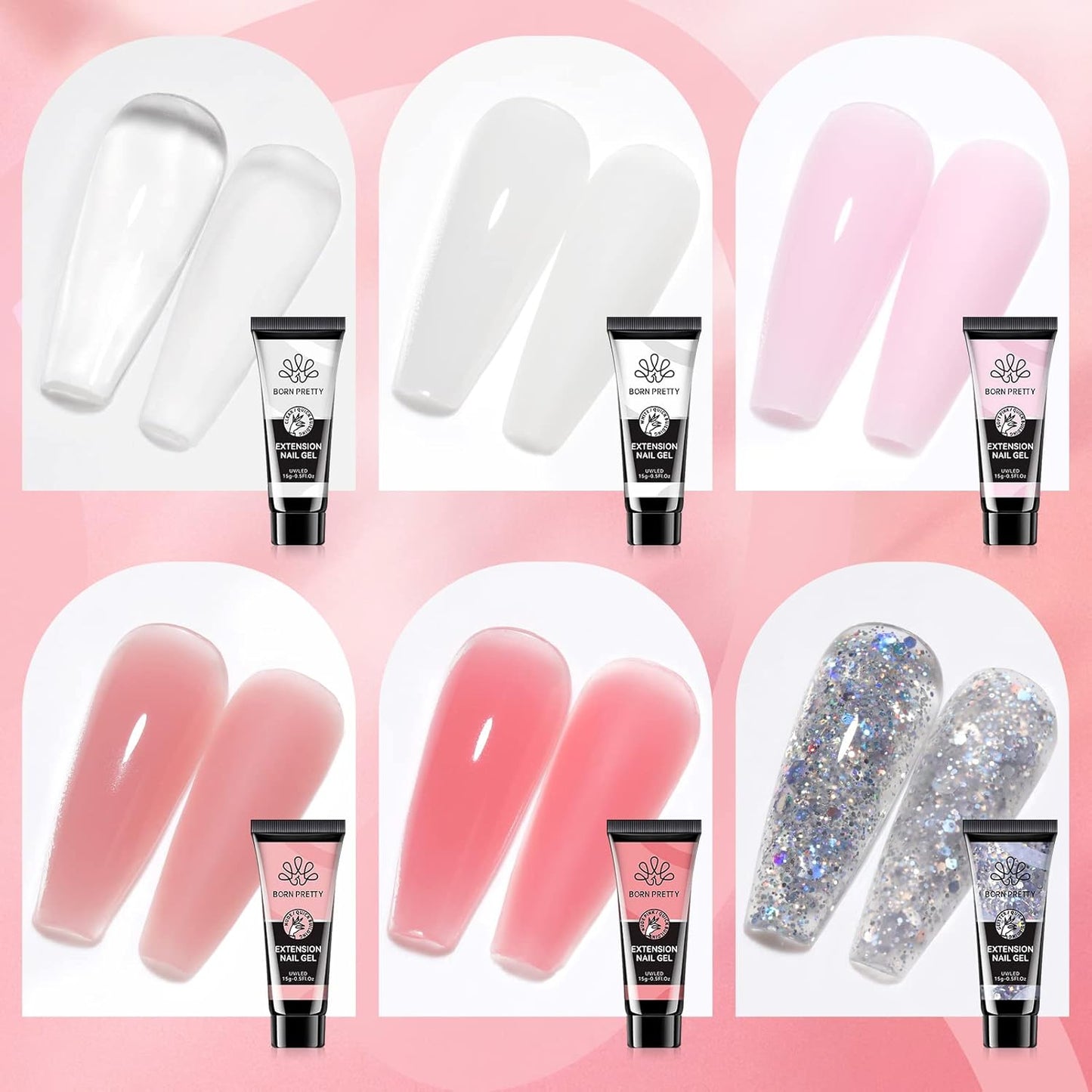 BORN PRETTY Poly Nail Extension Gel Kit-6 Colors Poly Nails Gel Kit Nude Clear Jelly Pink All In One Kit Builder Glue Gel with Nail Lamp Base Top Coat Set Nail Forms French Manicure Set for Beginner Starter DIY at Home Mother's Day Gifts