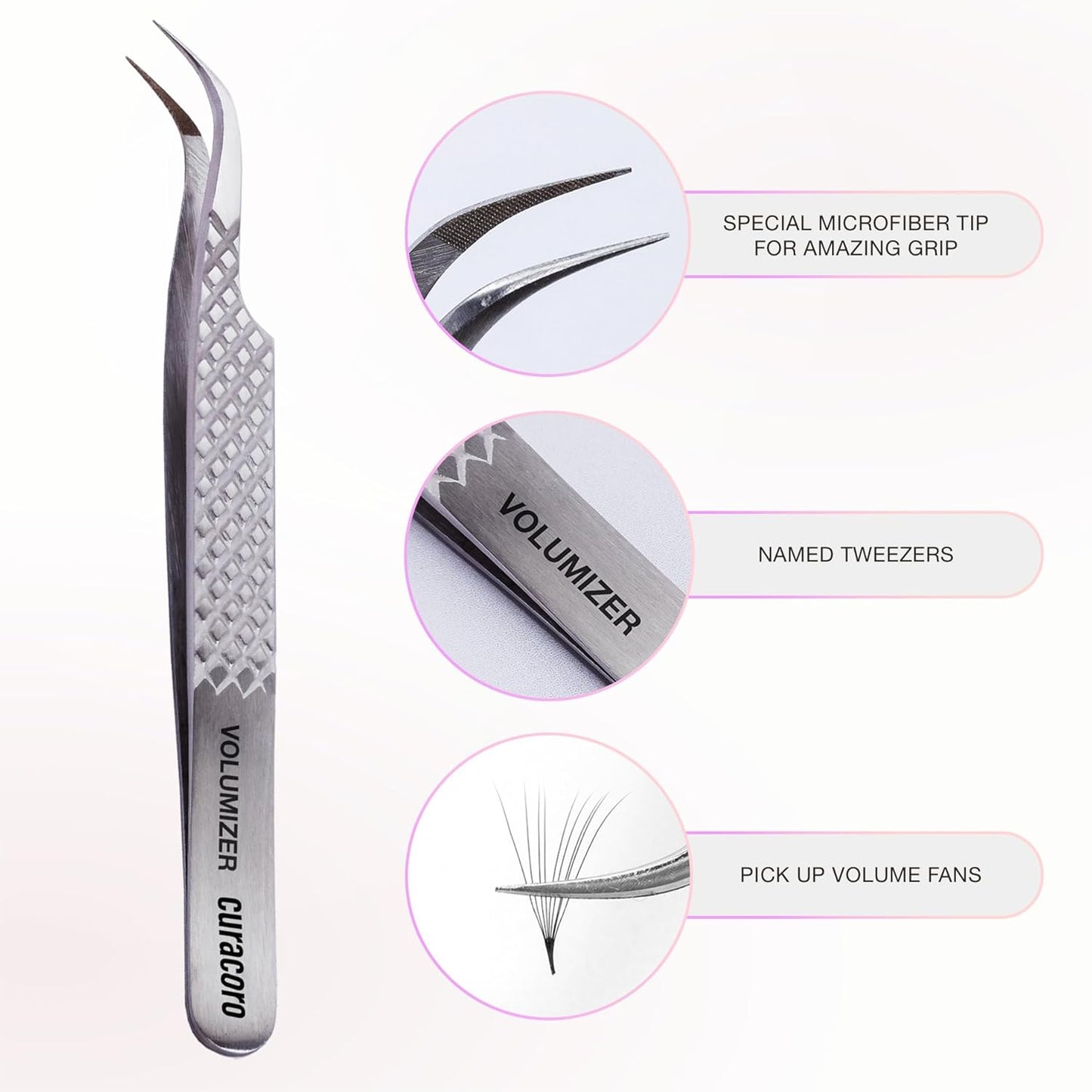 Curacoro Lash Tweezer - Professional & Precision Fiber Tip Grip Lash Tweezers for Eyelash Extensions, Multi Shapes & Purposes Tweezers for Volume, Isolation & Classic Lashes (Silver, Volumizer)