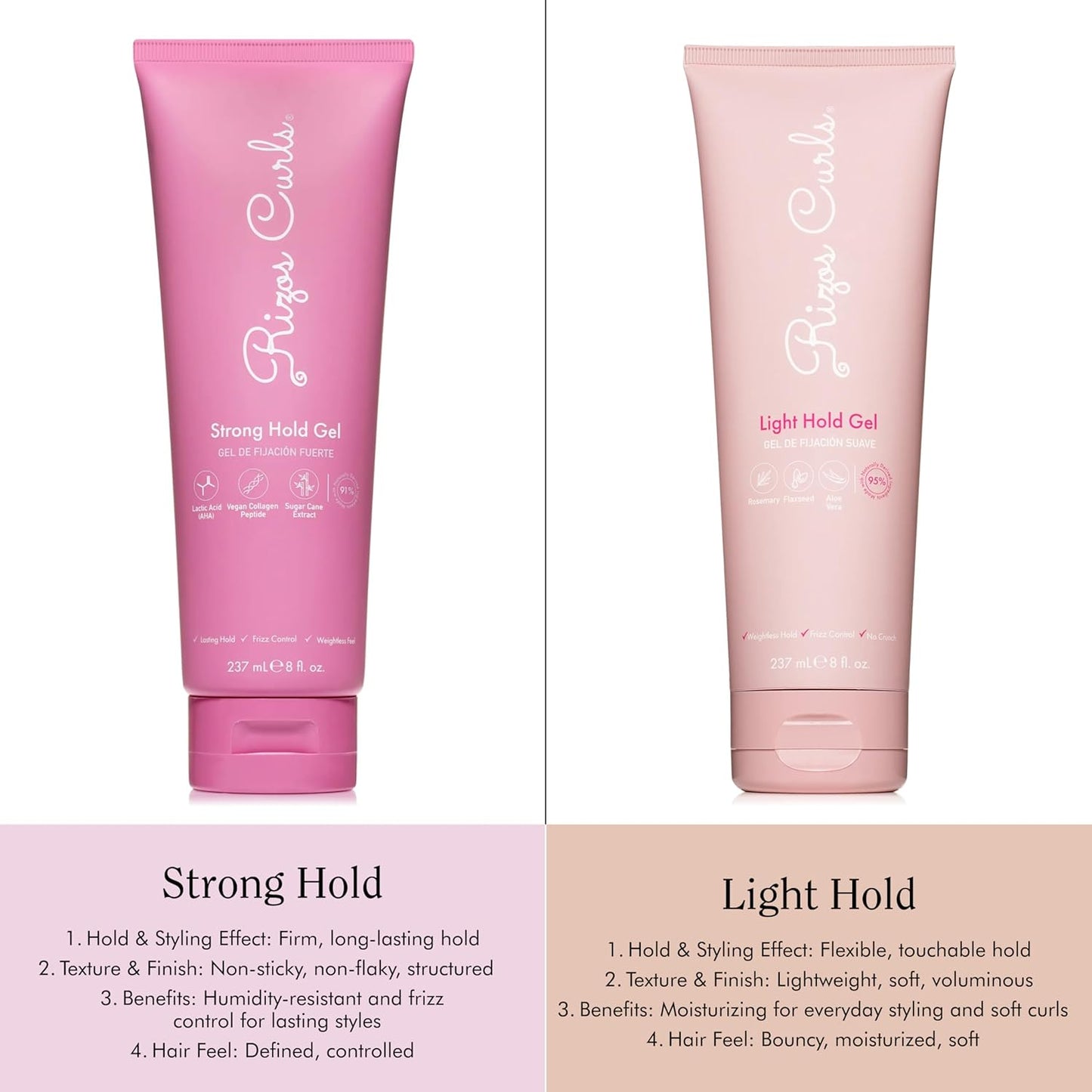 Rizos Curls Strong Hold Gel - Long-Lasting, Flake-Free Gel for Curly, Coily, and Wavy Hair, Frizz Control, Curl Definition & Shine, Vegan Collagen Peptides & Sugar Cane Extract, 8oz