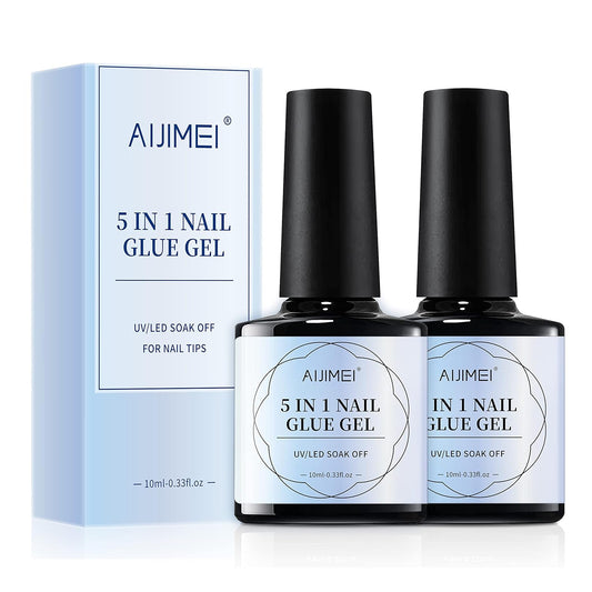 5-in-1 Nail Glue Gel: Clear Press-On Nail Adhesive, Base & Top Coat, Rhinestone Glue, and Nail Strengthener - UV Cure Required (2PCS)