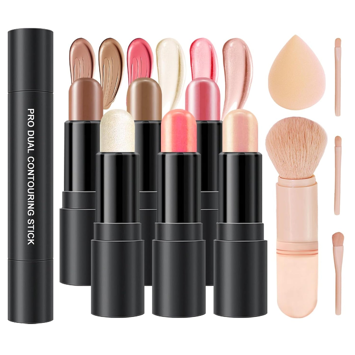 CAHIUYOA 6 Colors Cream Contour Kit with Bronzer and Highlighter Sticks, Beginner & Professional Makeup Set with Sponges and Multifunctional Brush