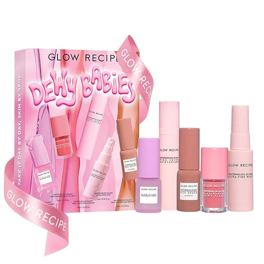 Glow Recipe Dewy Babies Travel Skincare Set - Plum Plump Hyaluronic Acid Serum + Dewy Flush Tinted Blush Drops + Pink Juice Face Moisturizer + Bronzing Hue Drops + Ultra Fine Facial Mist (5 Count)