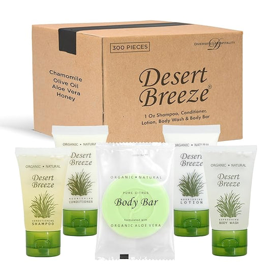 Desert Breeze Hotel Soaps and Toiletries Bulk Set | 1oz Hotel Shampoo & Conditioner, Body Wash, Body Lotion & Bar Soap | Travel Size Toiletries 300 Pieces
