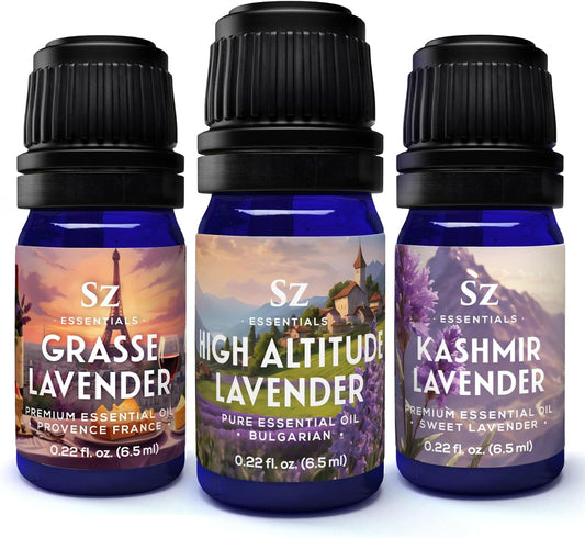 Lavender Essential Oils Collection - Grasse Lavender + High Altitude + Kashmir - Set of 3 Bottles (0.22 Fl Oz - 6.5ml Each)- 100% Pure, Natural & Undiluted - Therapeutic Grade & Vegan