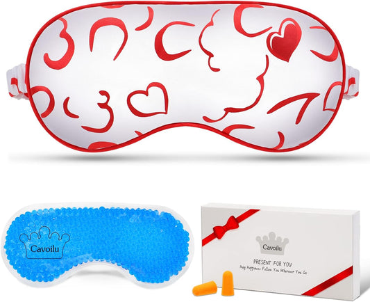 Sleep Mask w/Cooling Gel Eye Mask, Silk Eye Mask for Sleeping, Hot & Cold Eye Masks, Blindfold Reusable Eye Cover Sleeping Mask for Home Office Travel, Gifts for Women (Red Heart)