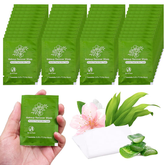 Makeup Remover Wipes Bulk Individually Wrapped,Travel Makeup Wipes Individual Makeup Remover Wipes Bulk Gentle Cleansing Makeup Remover Wipes for Face Cleansing Mascara Lipstick Travel (50, Aloe Vera)
