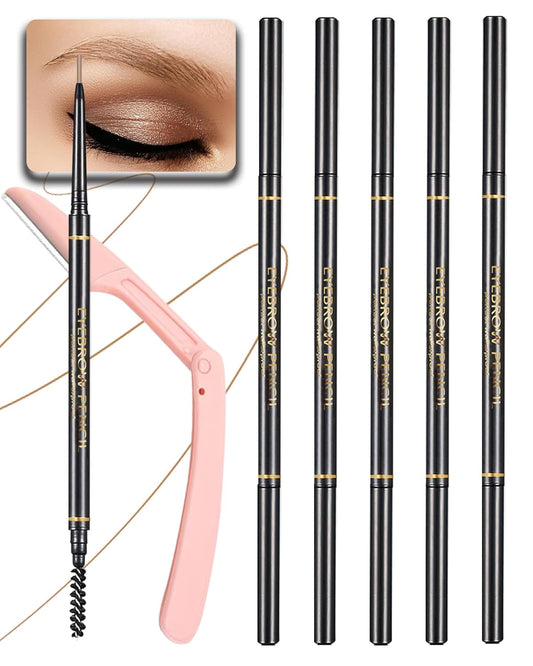 Light Brown Eye Brow Pencils for Women, 6Pcs Waterproof Eyebrow Pencil, 1.5mm Micro-Fine Tip & Spiral Brush with Brow Razors Perfect for Creating a Natural and Delicate Eyebrow Look Makeup