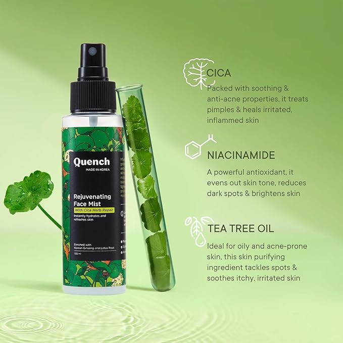 Quench CICA & 2% Niacinamide Face Mist Toner for Oil & Acne Control | Hydrates, Calms and Refreshes Skin | Gentle & Non-Irritating | Lightweight, Alcohol-Free and Non-Comedogenic (100ml)