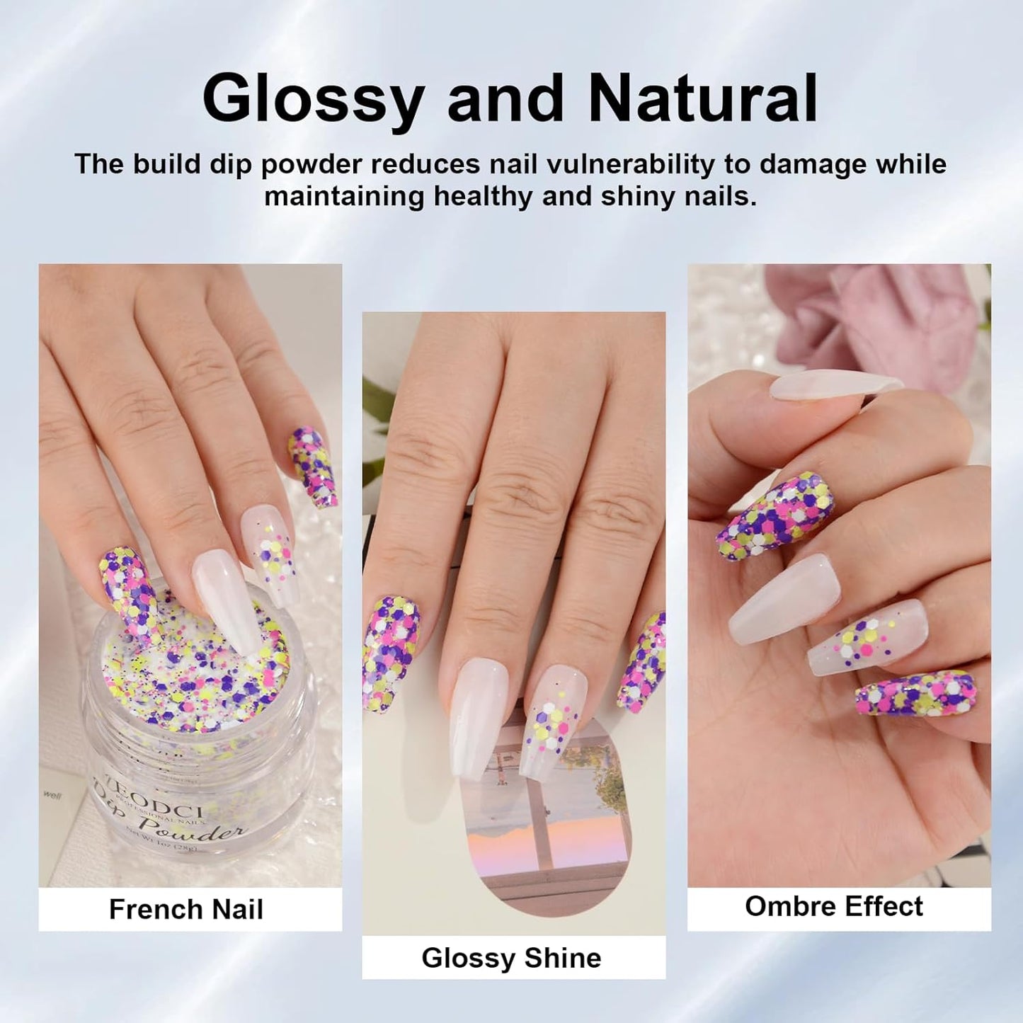 Dip Powder For Nails - Purple Pink Lime Green Hexagon Sequins - No Lamp Curing - Long Lasting Colors - Nail Art Starter Manicure DIY At Home - 1oz