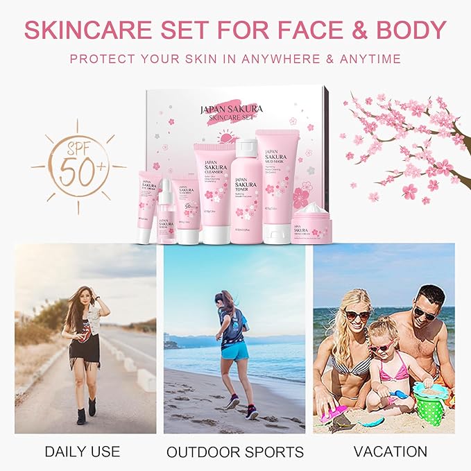 Skin Care Set JAPAN-SAKURA Women Beauty Gift Sets Skin Care Kit, Self-Care Skincare Set: Cleanser,Toner,Serum,Cream,Mud Mask,Eye Cream,Sunscreen, Facial Kit for Women Teen Girls Mom Daughter 7pcs