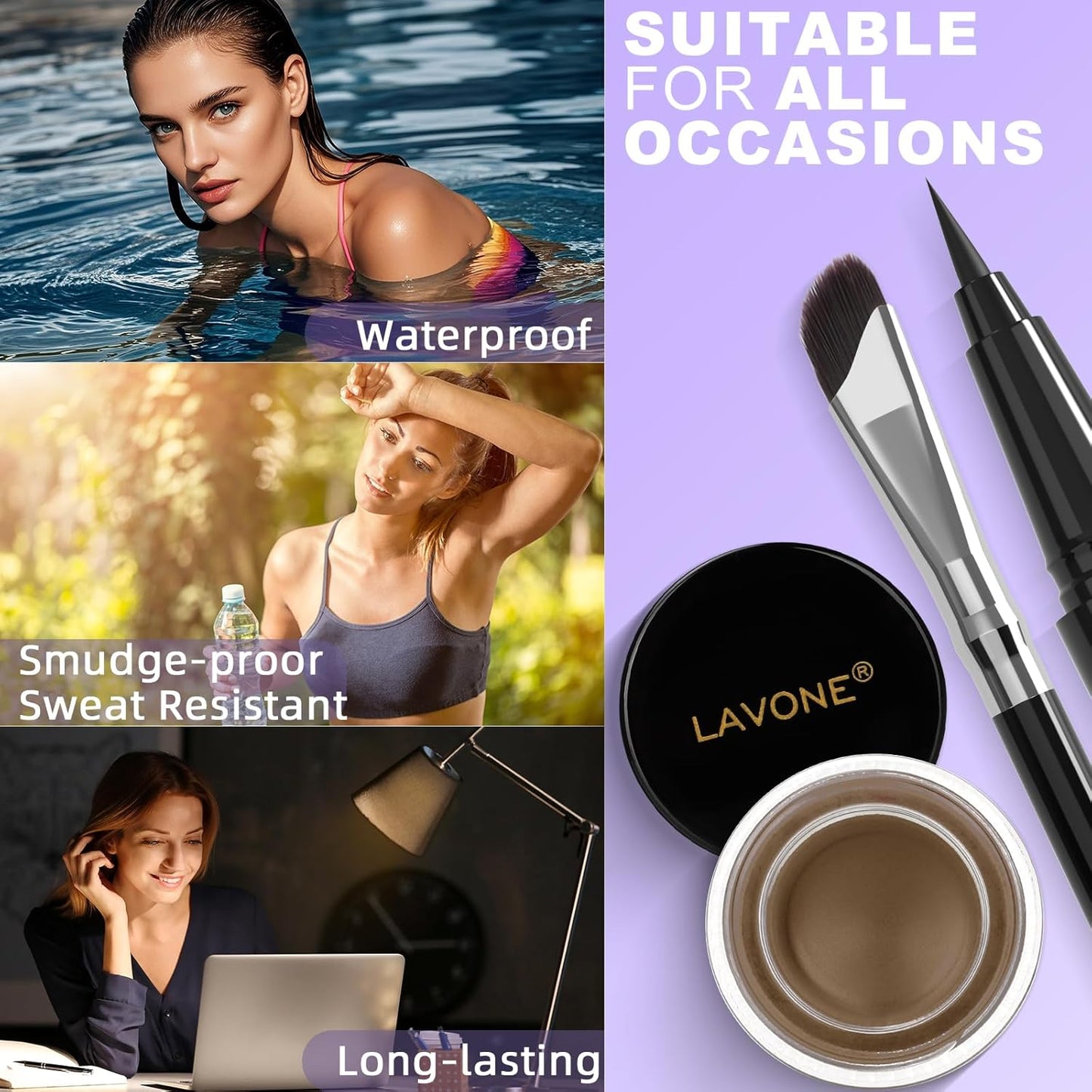 LAVONE Eyeliner Set - Waterproof Makeup Kit with Liquid Eye Liner Pencil, Gel Eyeliner and Angled Eye Liner Brush, Waterproof, Smudge Resistant, Long Lasting Formula - Soft Brown
