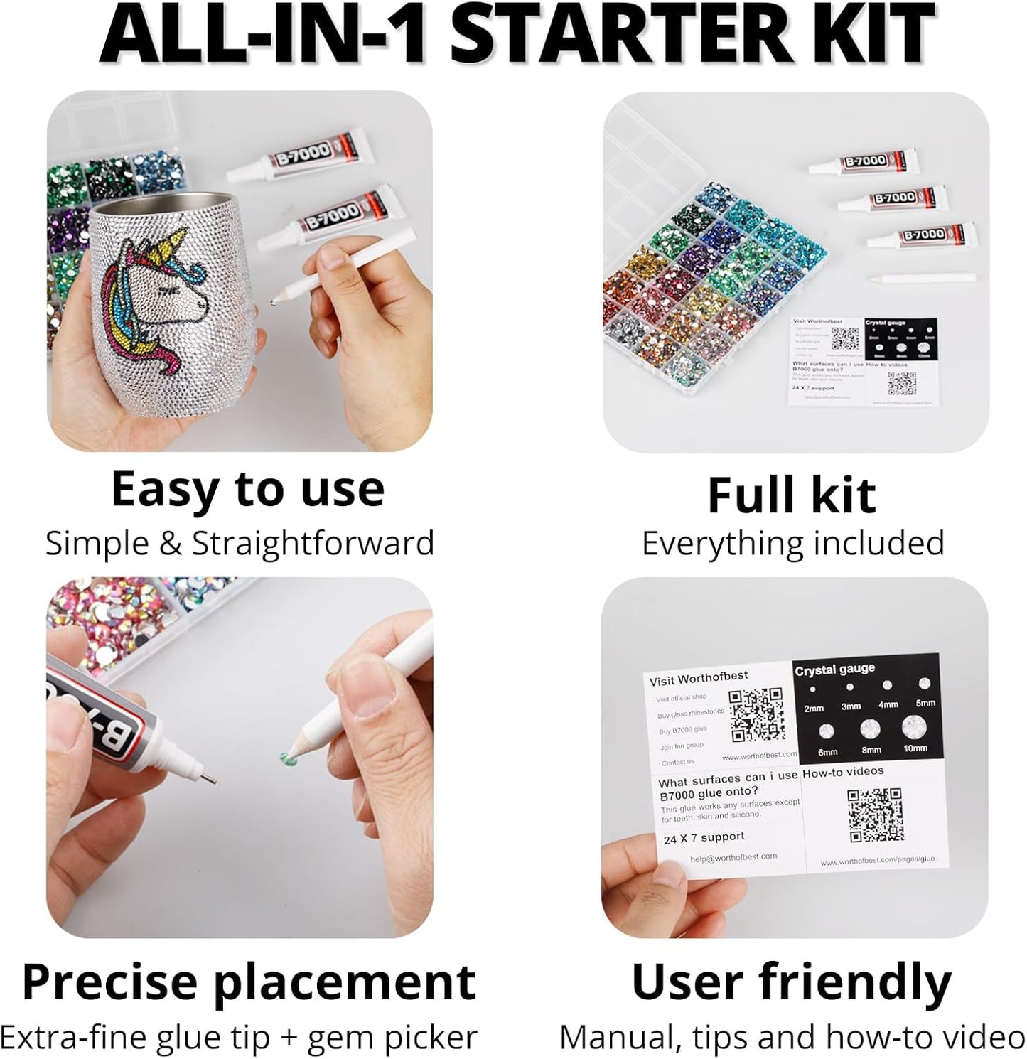 30000Pcs Resin Rhinestones for Crafting Bedazzling, Silver Clear Flatback Gems Crystals for Bedazzle Crafts Clothing Clothes Fabric, Flat Back Jewels Diamonds Mixed Sizes Bedazzler Kit with b7000 Glue