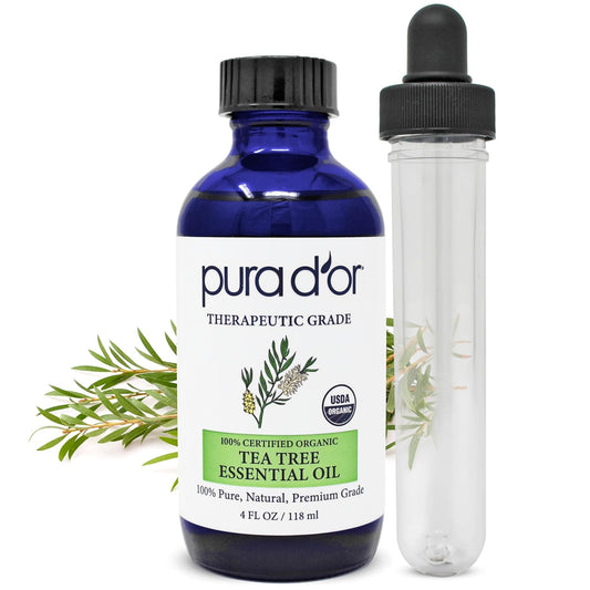 PURA D'OR ORGANIC Tea Tree Melaleuca Essential Oil (4 Oz with Glass Dropper) 100% Pure & Natural Therapeutic Grade For Hair, Body, Skin, Scalp, Aromatherapy Diffuser, Cleansing, Purify, Home, DIY Soap
