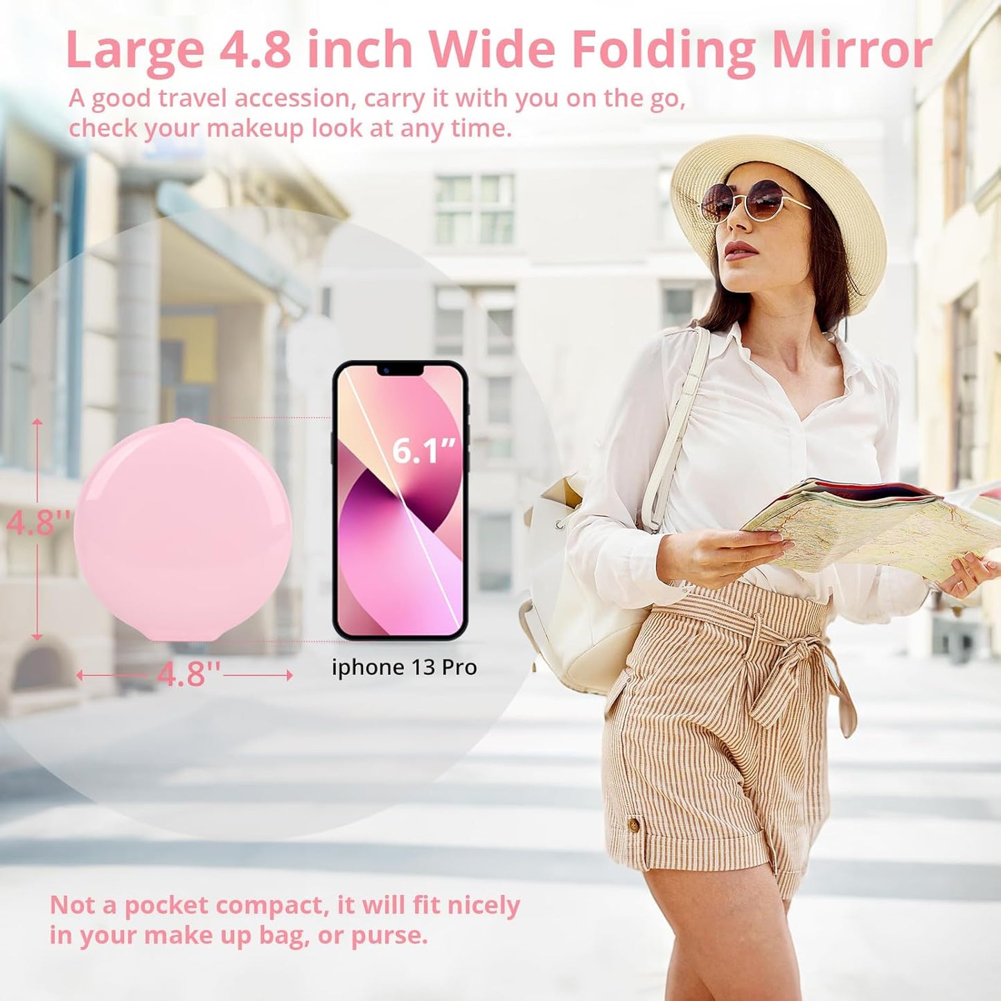 Fabuday Travel Compact Magnifying Makeup Mirror with Lights - Large 4.8'' Wide Led Lighted Portable Mirror with 1x/20x Magnification, Rechargeable Small Foldable 3 Color Lighting Mirrors, Pink