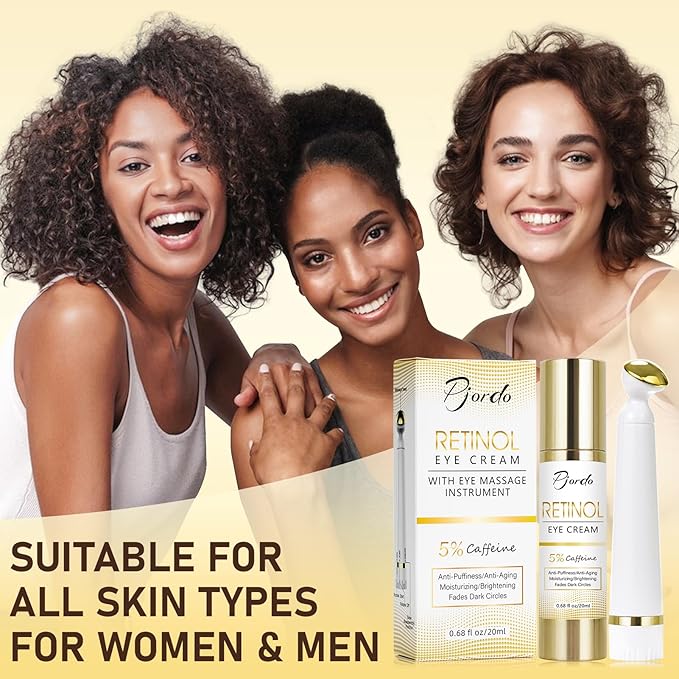 Retinol Eye Cream for Dark Circles Puffiness, Under Eye Cream Anti Aging Eye Cream Reduce Wrinkles & Fine Lines, 5% Caffeine Eye Cream with Eye Massage Wand, Perfect Gifts