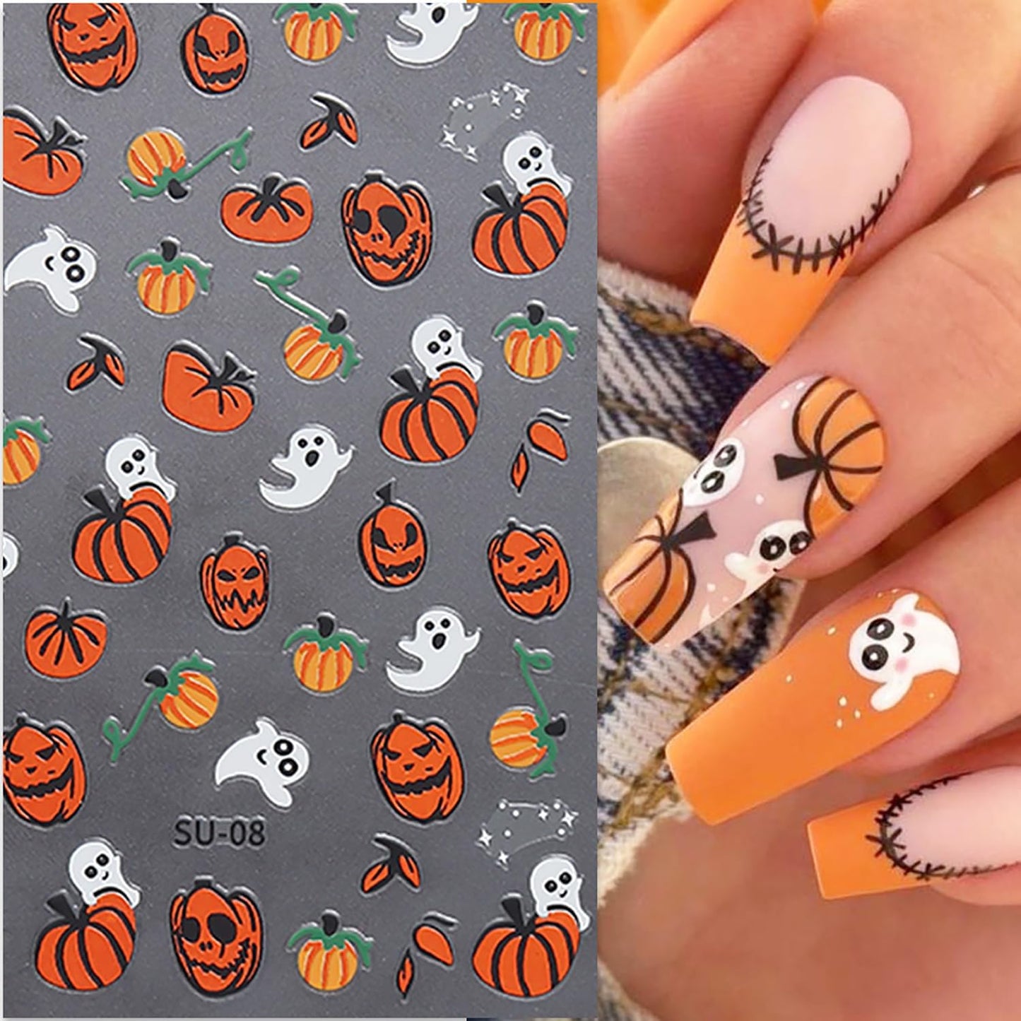 8 Sheets Halloween Nail Art Stickers Cute Ghost Pumpkin 3D Self-Adhesive Nail Decals Spider Web Blood Flame Designs Manicure Art Fall Thanksgiving Nail Supplies for Women DIY Nail Decorations