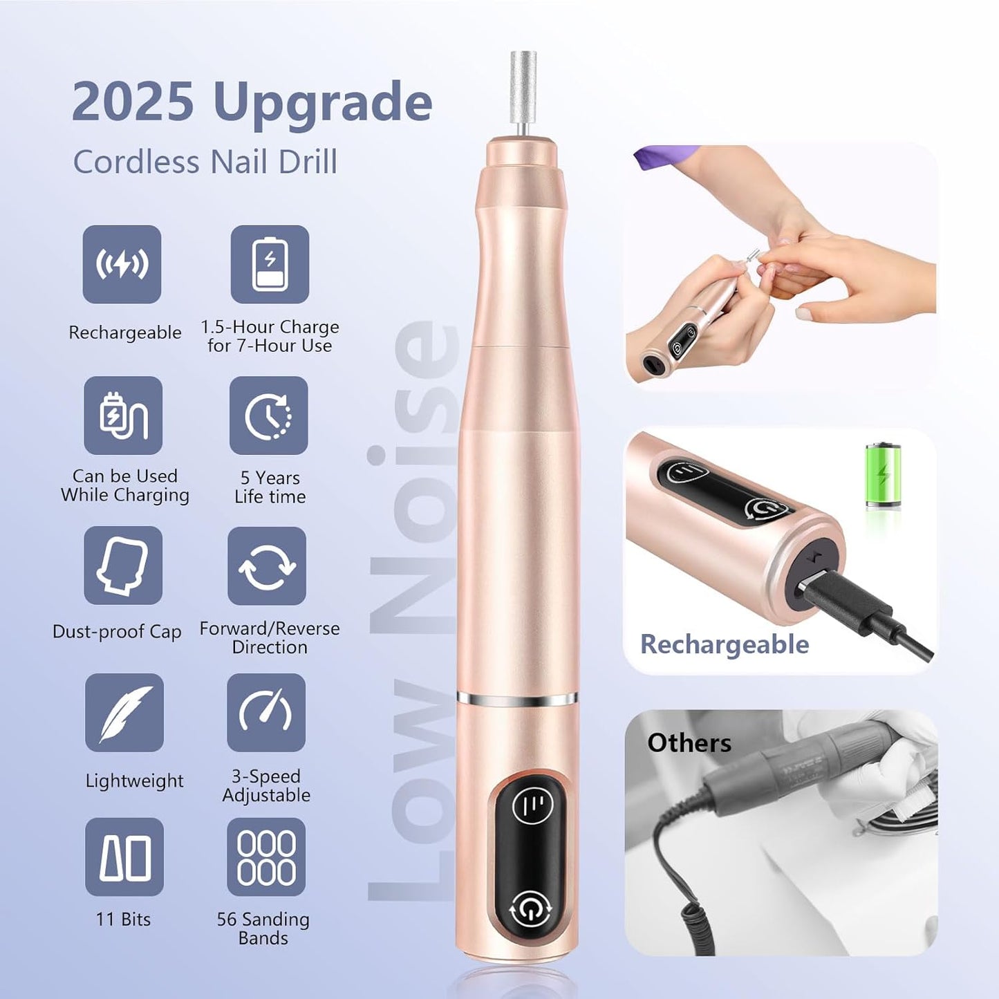 Cordless Nail Drill Electric Rechargeable File Kit, Professional Efile Acrylic Gel Nail Polish Remover Pedicure Manicure Machine Portable Set with 11 Bits 56 Sanding Bands for Salon Home (Gold)