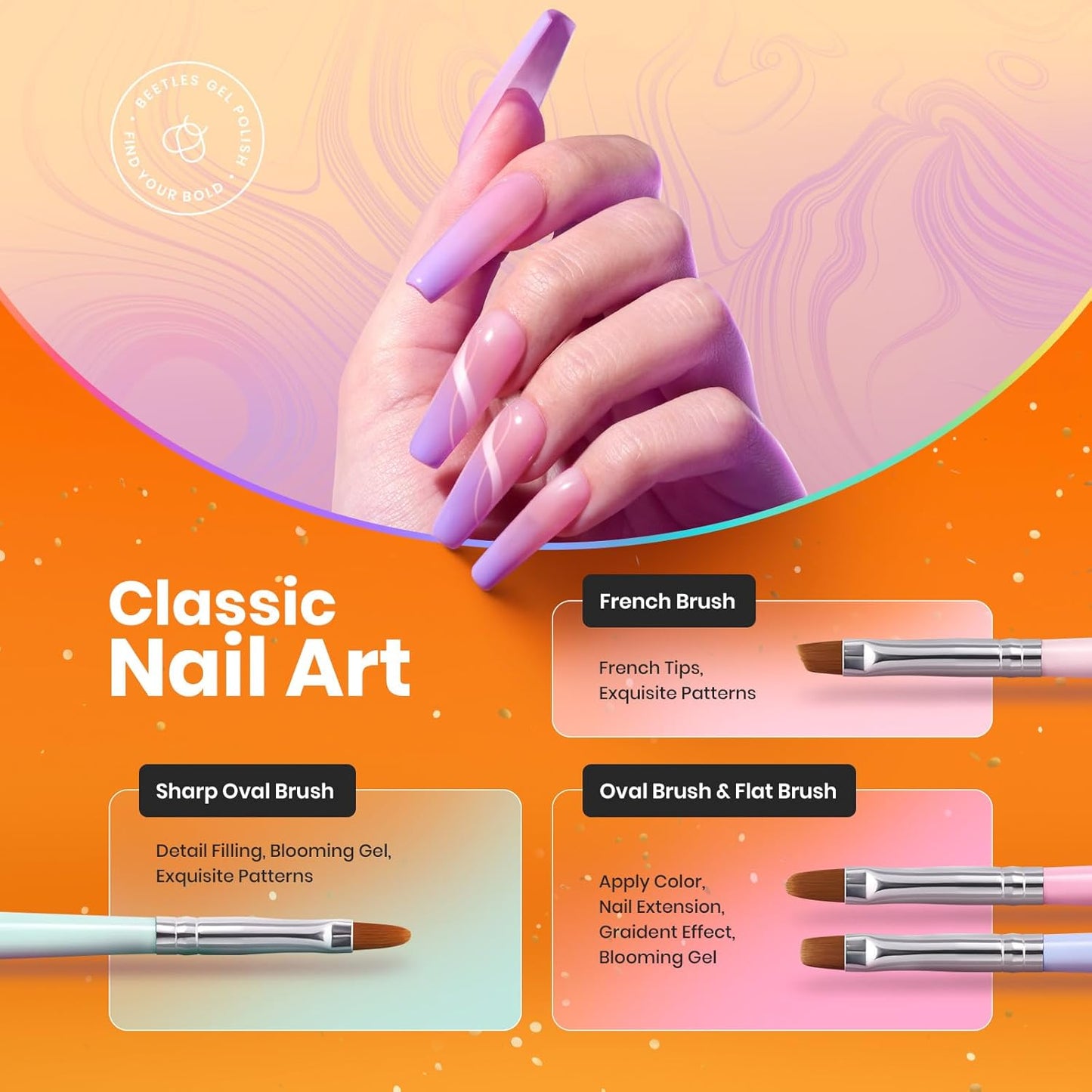 Beetles Gel Polish Nail Art Brushes, 6 Pcs Fingernail Art Design Pens, Wood Alloy Handle, Dotting Pen Clean Up Liner French Nail Brush Set, DIY Manicure Tools Gift for Women