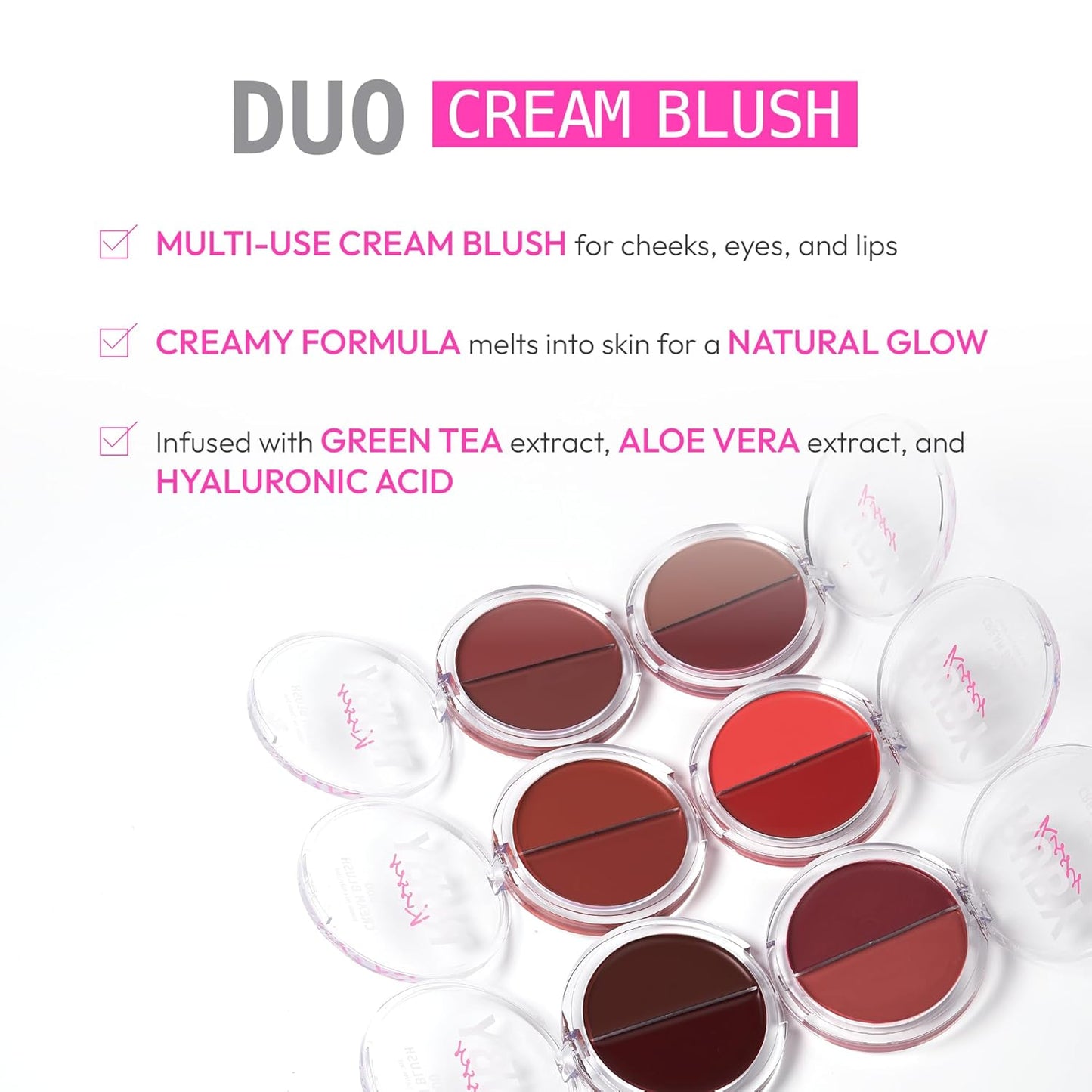 Ruby Kisses Duo Cream Blush, Smooth, Natural-Looking, Long-Lasting Face Makeup Blush for Cheeks, Lips, and Eyes, Buildable and Blendable, Infused with Green Tea, Aloe Vera Extract, and Hyaluronic Acid (Rosewood)